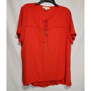 Michael Kors Womens Short Sleeve Blouse Top Size 12‎ Coral Zipper Tie Front